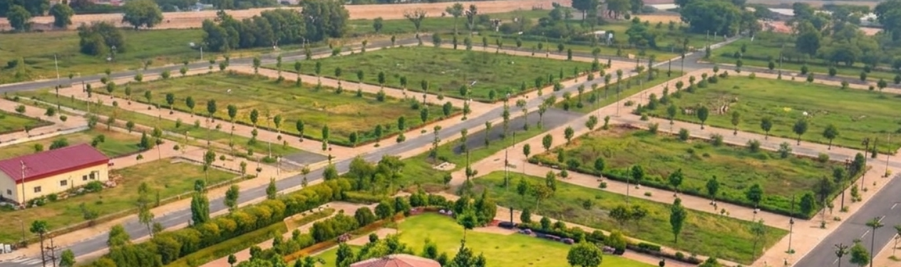 Aerial view of a developed plotted township